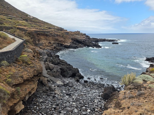 Tramo de bajada pavimentada entre tabaibas y cardones hacia la zona rocosa de la costa.