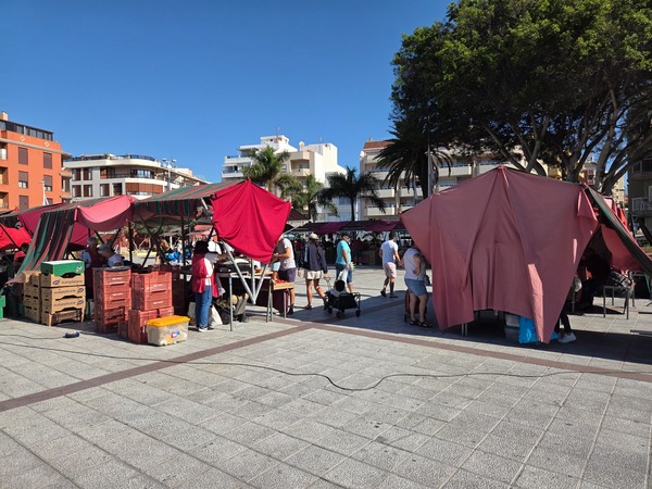Puestos con toldos rojos del mercadillo local en la plaza principal de El Médano.