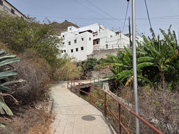 Paseo peatonal entre casas con barandilla roja y plataneras.