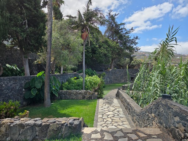 Sendero ajardinado con vegetación tropical y muros de piedra.