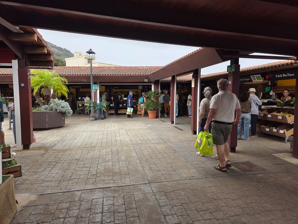 Zona cubierta con puestos de frutas y verduras del Mercadillo de Tegueste, con compradores con bolsas reutilizables.