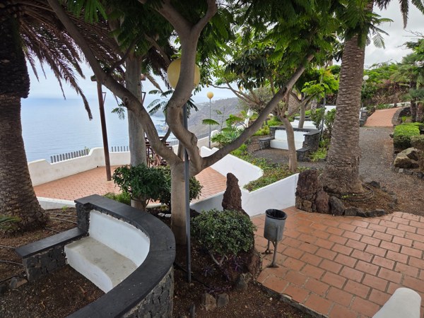 Terraza interior del Mirador de La Garañona con bancos de obra, árboles y vistas directas al océano.