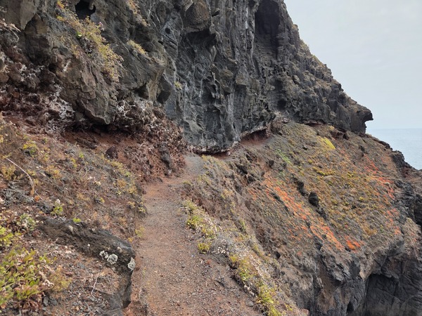 Tramo estrecho del sendero costero tallado en la roca volcánica junto a un farallón.