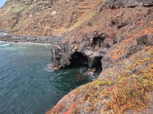 Cueva marina en la base del acantilado con agua turquesa y vegetación costera coloreando la ladera.