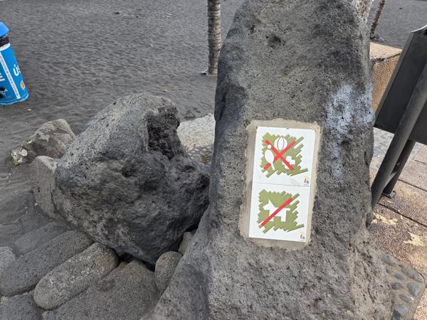 Señal en roca volcánica que prohíbe perros y juegos de pelota en la playa.