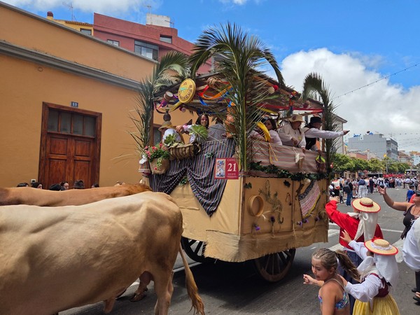 Carreta con arcos de palma y mantelería rayada, ocupada por romeros.