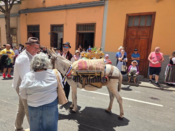 Burro de carga con serones y frutas, acompañado por romeros sonrientes.